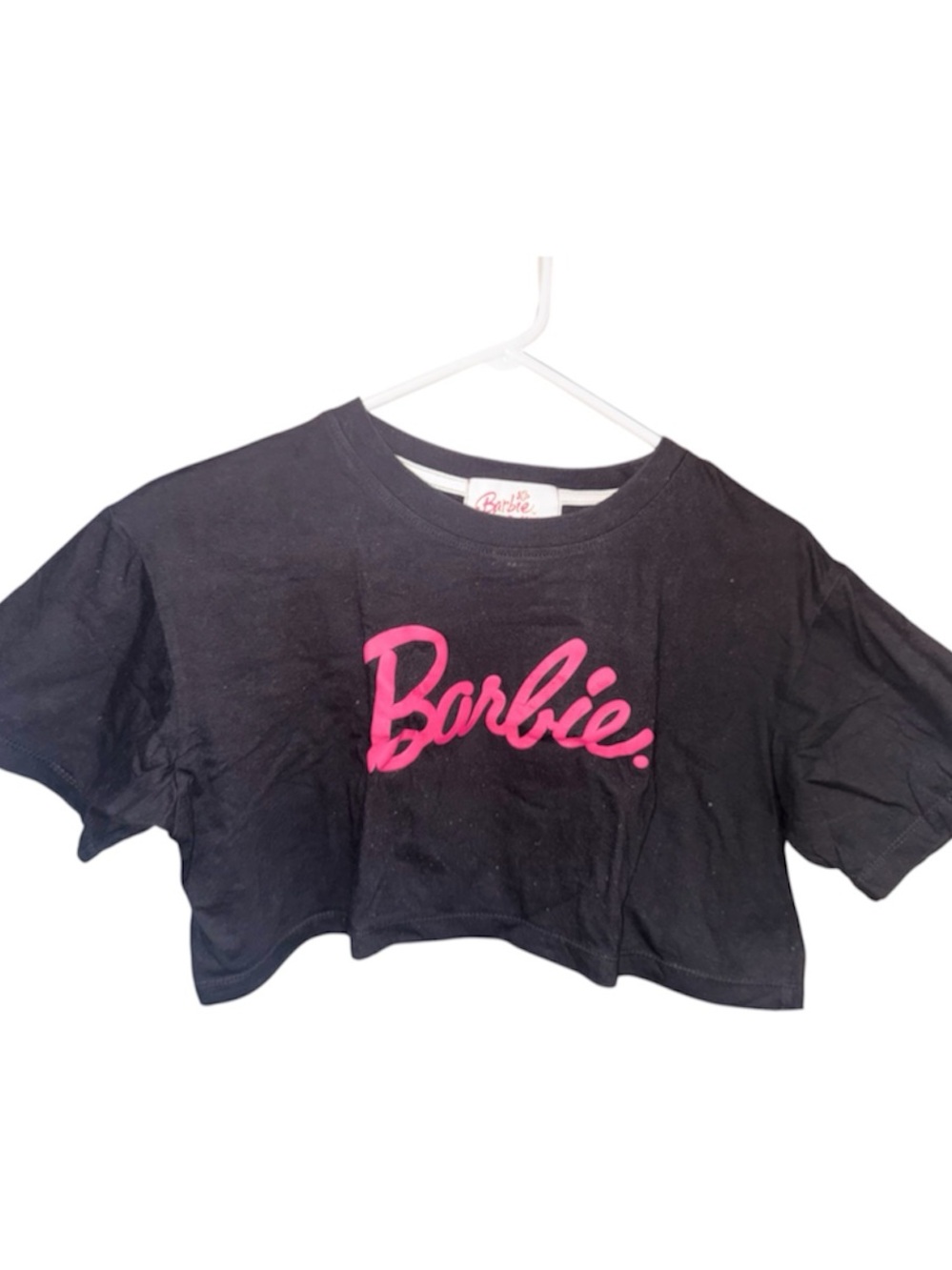 Barbie Black Crop Tee with Hot Pink Script Logo
